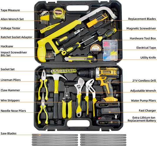 165-Piece Home Tool Kit with Drill,21V Cordless Drill Tool Set with 2 Batteries,Household Tool Kit for Home Repair and DIY Projects