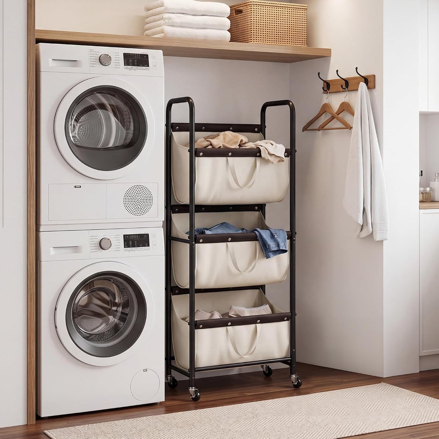 GRANNY SAYS 3 Section Tiered Laundry Sorter, Slim Vertical Laundry Hamper with Wheels, Narrow Rolling Laundry Cart with Removable Bags for Laundry Room, Bathroom, Closet, Dorm, Beige