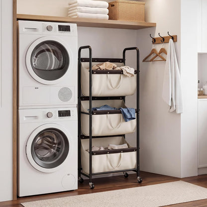 GRANNY SAYS 3 Section Tiered Laundry Sorter, Slim Vertical Laundry Hamper with Wheels, Narrow Rolling Laundry Cart with Removable Bags for Laundry Room, Bathroom, Closet, Dorm, Beige