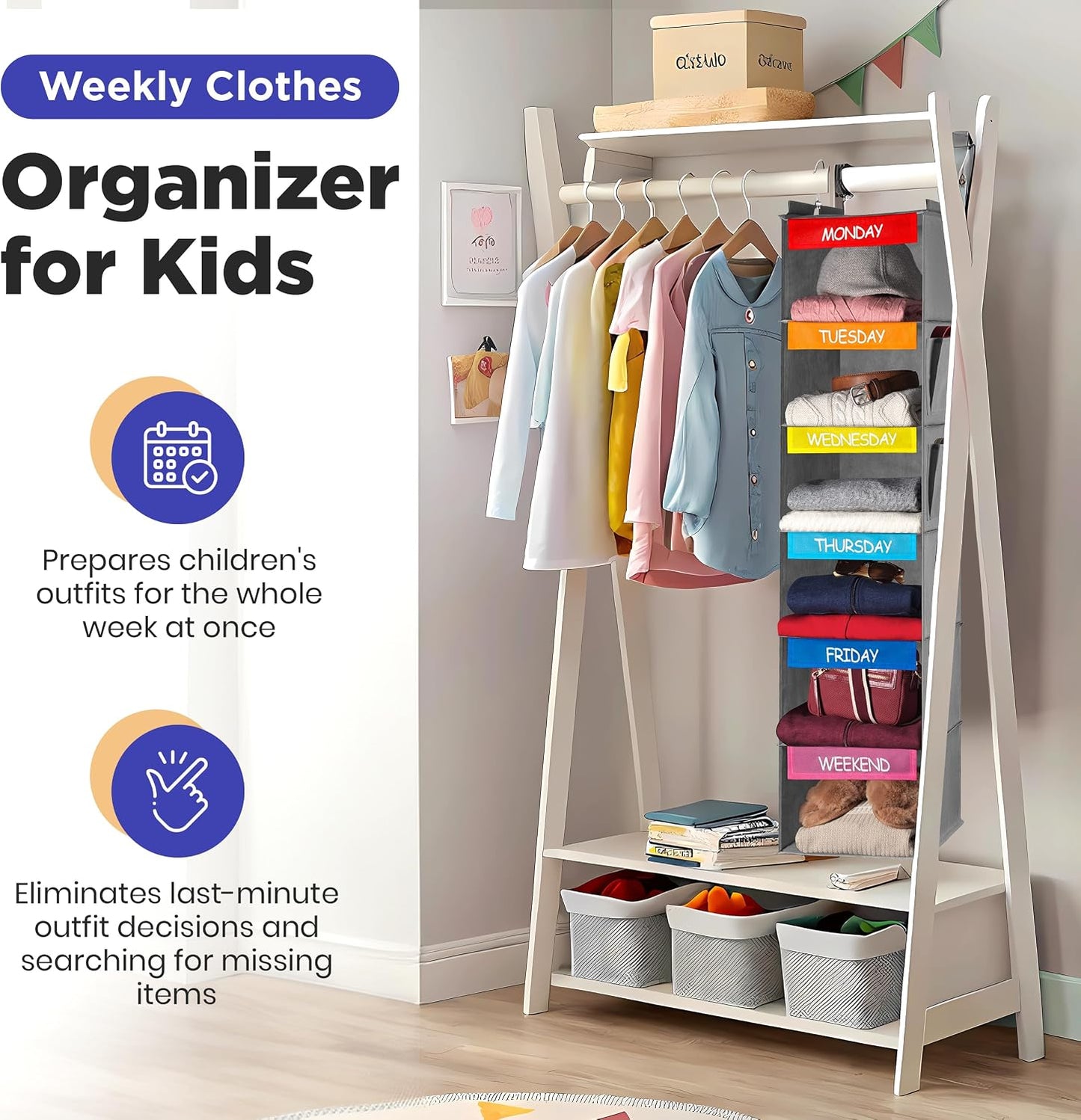 Handy Laundry Weekly Clothes Organizer for Kids, 6-Shelf Bamboo Reinforced | Days of the Week Hanging Closet Shelves, Monday Through Friday and Weekend, School Outfit Storage, Side Pockets, Pink