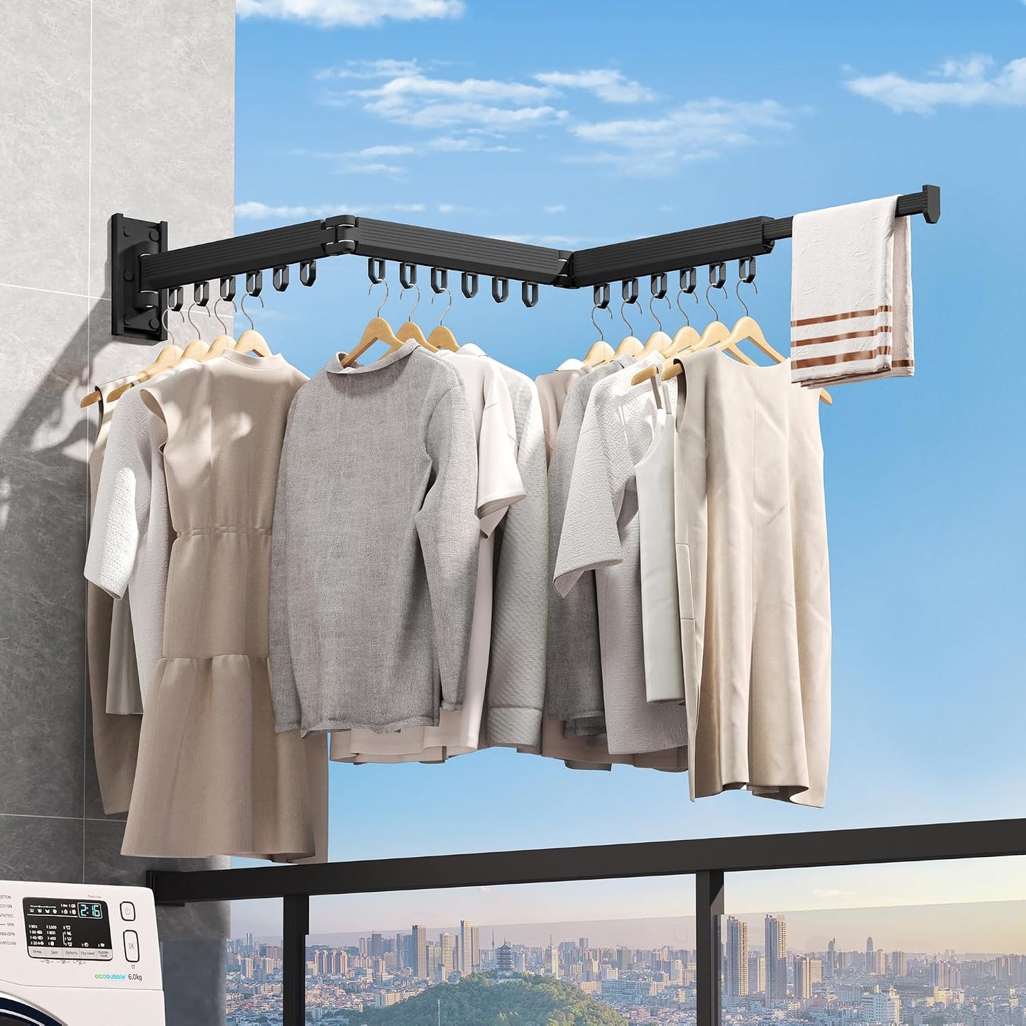 Wall Mounted Tri-Fold Clothes Drying Rack, Heavy Duty Collapsible Laundry Drying Rack, Space-Saving Retractable Foldable Drying Rack Clothes for Laundry Room Balcony Bathroom,Black-Hooks