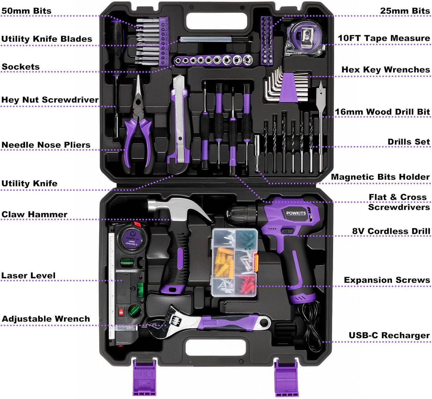 Cordless Drill Tool Set: 12V Power Drill Tool Kit with Battery & Charger, 25+1 Torque Setting, Portable Household Basic Drills Case for Men & Women, 2-Speed Electric Drill Set, 142 Piece, Green