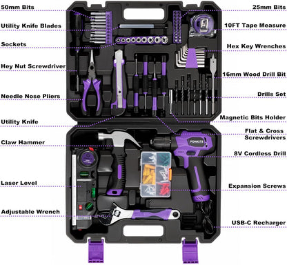 Cordless Drill Tool Set: 12V Power Drill Tool Kit with Battery & Charger, 25+1 Torque Setting, Portable Household Basic Drills Case for Men & Women, 2-Speed Electric Drill Set, 142 Piece, Green