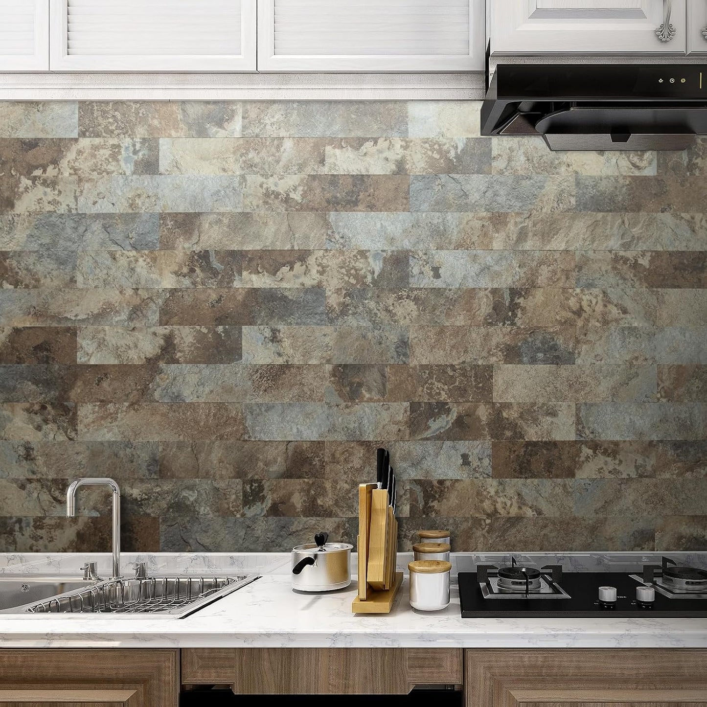 AULIGET 40-Piece Polished White Marble with Gold Peel and Stick Backsplash Wall Tiles, 3" x 12" PVC Faux Stone Stick on Tiles for Backsplash Kitchen, Bathroom, Laundry Room, Camper, Fireplace