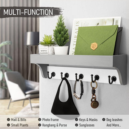 Rebee Vision Farmhouse Key Holder for Wall - Decorative Wooden Mail Organizer with 5 Rustic Key Hooks and Floating Shelf for Home Decor, Hallway, Entryway, Appartment (Retro Brown)