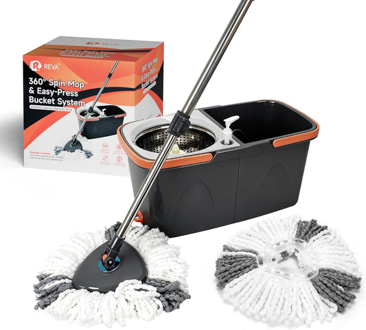360° Rotating Spin Mop and Foldable Bucket Set, Dual Clean & Dirty Water System, Hands-Free Easy Spin Wringing, Heavy-Duty Microfiber Mop with 2 Mop Heads for All Floor Types (TWINS - LV-A03-1)