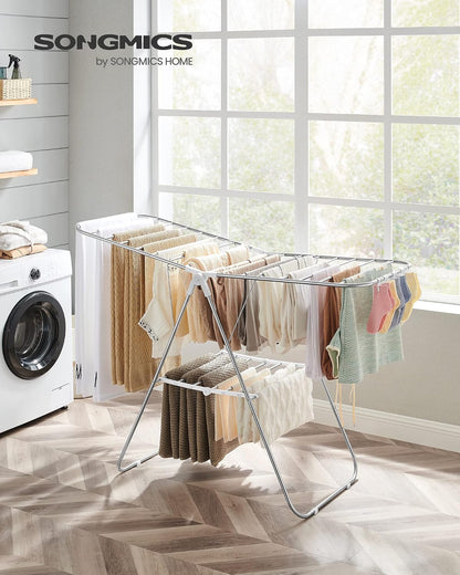 SONGMICS Clothes Drying Rack, with Sock Clips, Metal Laundry Rack, Foldable, Space-Saving, Free-Standing Airer, with 2 Height-Adjustable Gullwings, Indoor Outdoor Use, Gray ULLR052G01