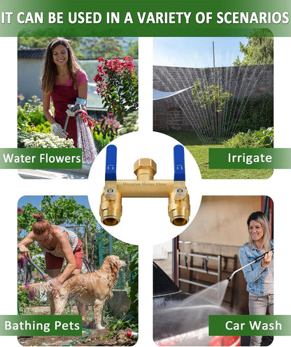 Hose Splitter 2 Way Heavy Duty, Full Flow Garden Hose Splitter with 2 Long Metal Handles, Brass Rust and Freeze Resistant Water Hose Bib Splitter, T Adapter Connector with 3/4 - Inch GHT Thread（Red）