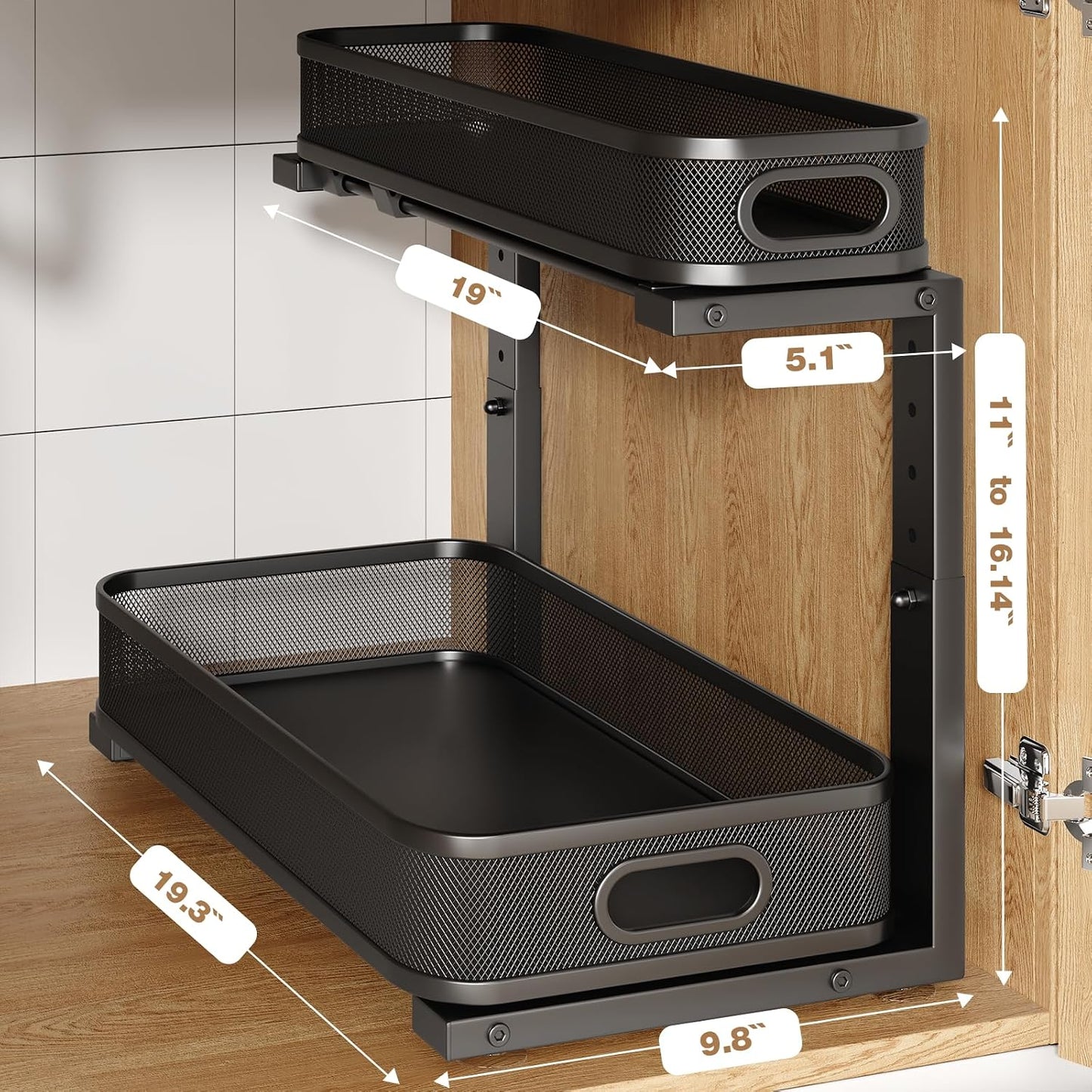 2 Pack Under Sink Organizer With Smooth Cylindrical Rail,2-Tier Pull Out Multi-Purpose Cabinet Storage for Bathroom&Kitchen,Height Adjustable,Rust-resistant Coating-White