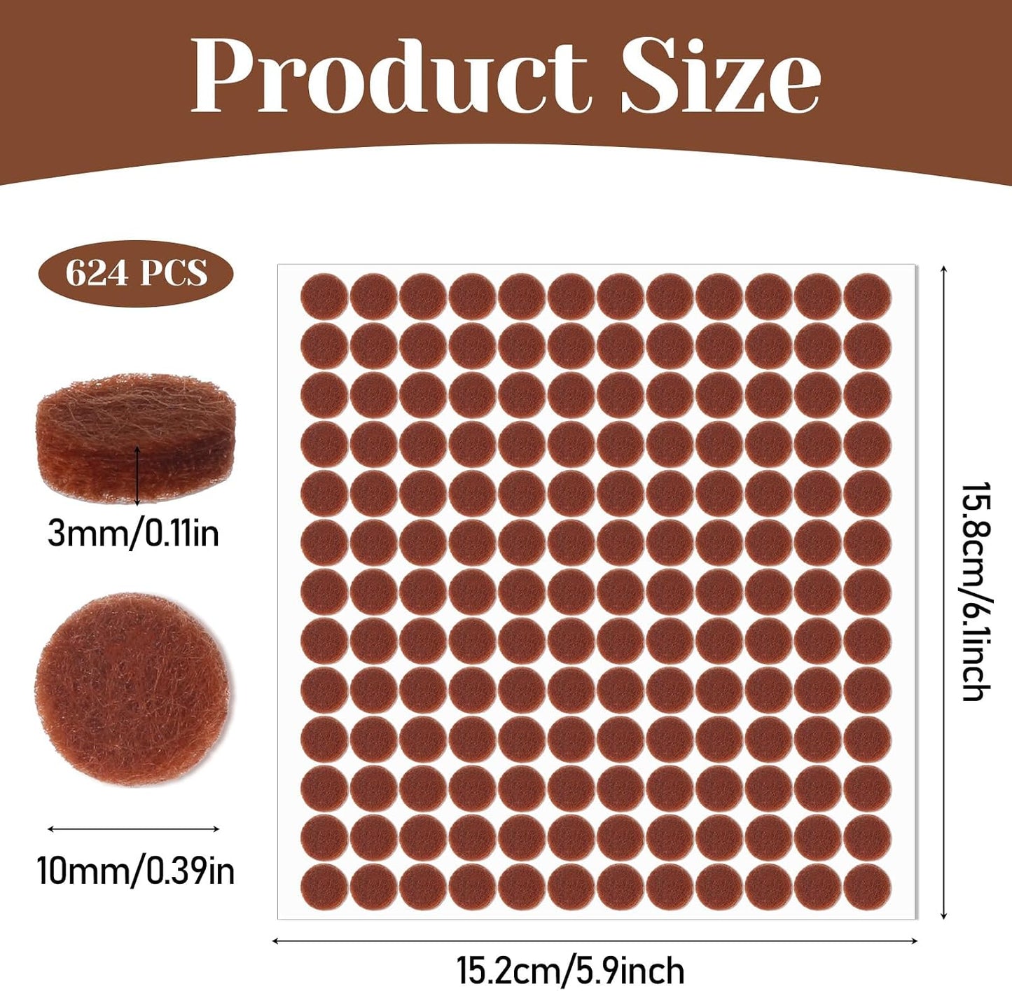 cobee 624 Pcs 3/8" Self Adhesive Felt Furniture Pads, Felt Cabinet Door Bumpers Brown Round Chair Foot Pads, Cabinet Protectors for Kitchen Chair Legs Hardwood Floors Coasters Drawers