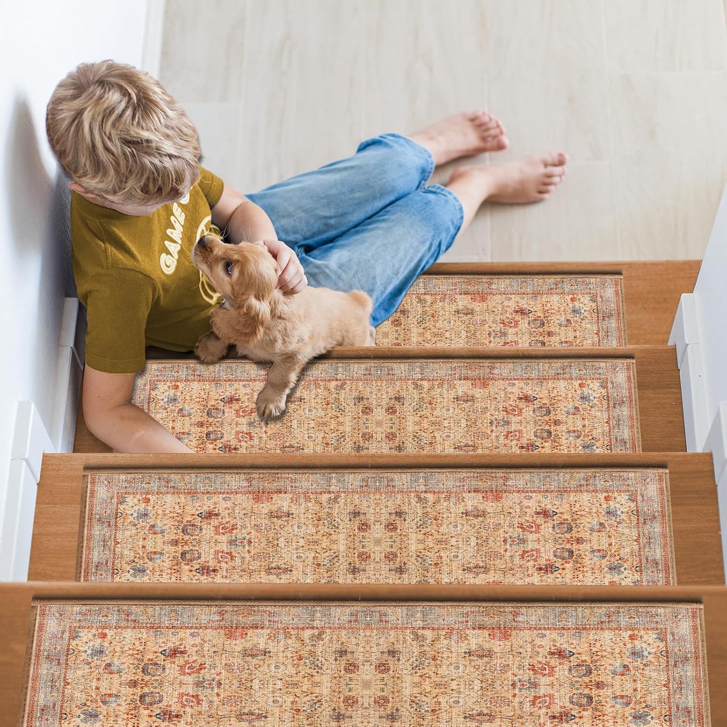 Non Slip Stair Treads for Wooden Steps, 15 Pack 8"x30" Washable Carpet | 8x30 in soft chenille polyester stair treads with reusable TPE backing for indoor wood stairs, dogs, kids, and seniors