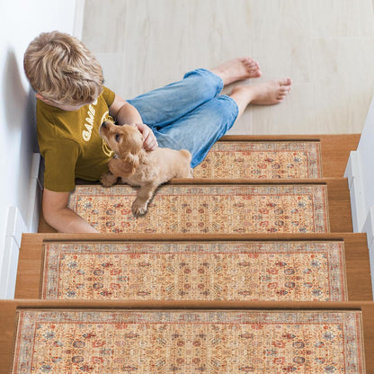 Non Slip Stair Treads for Wooden Steps, 15 Pack 8"x30" Washable Carpet | 8x30 in soft chenille polyester stair treads with reusable TPE backing for indoor wood stairs, dogs, kids, and seniors
