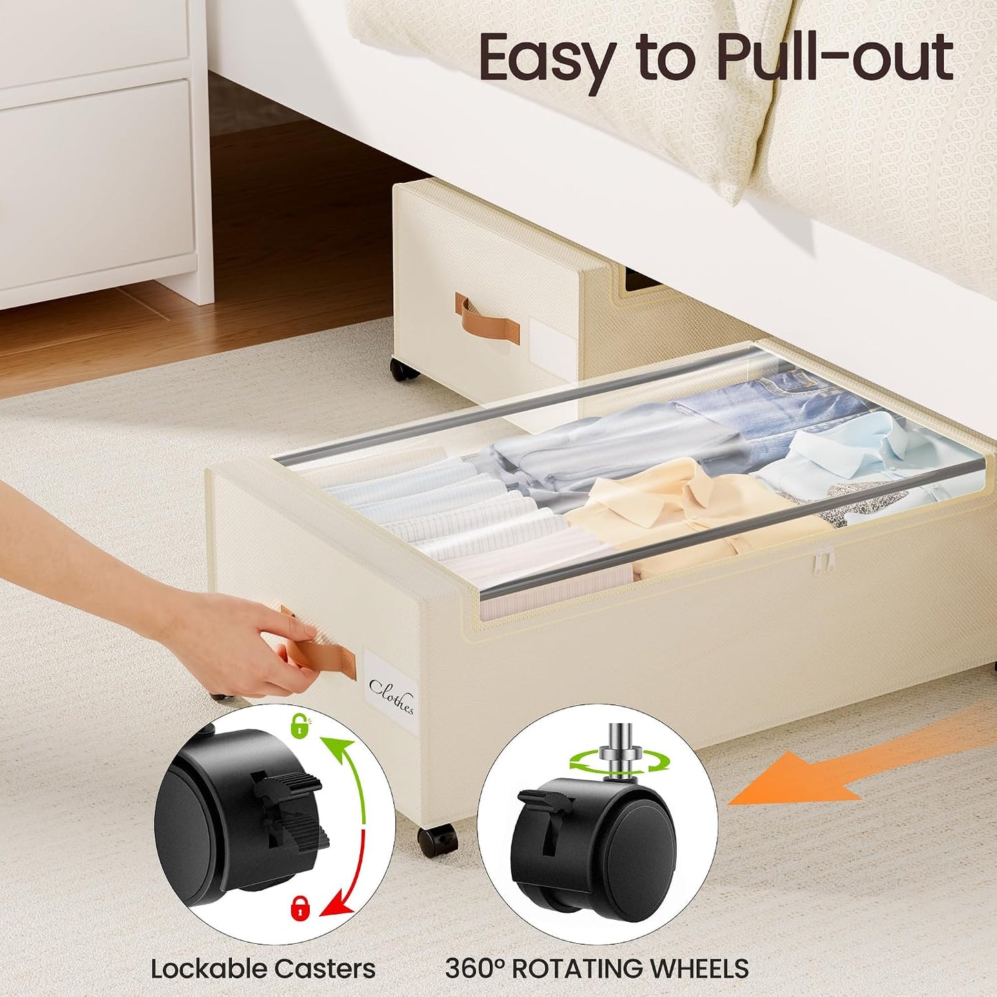 Yecaye Under Bed Storage with Wheels, 2 Pack Under Bed Storage Containers, 60L Underbed Shoe Storage with Clear Window & Label, Rolling Under Bed Metal Drawer for Clothes, Shoes, Books, Blankets