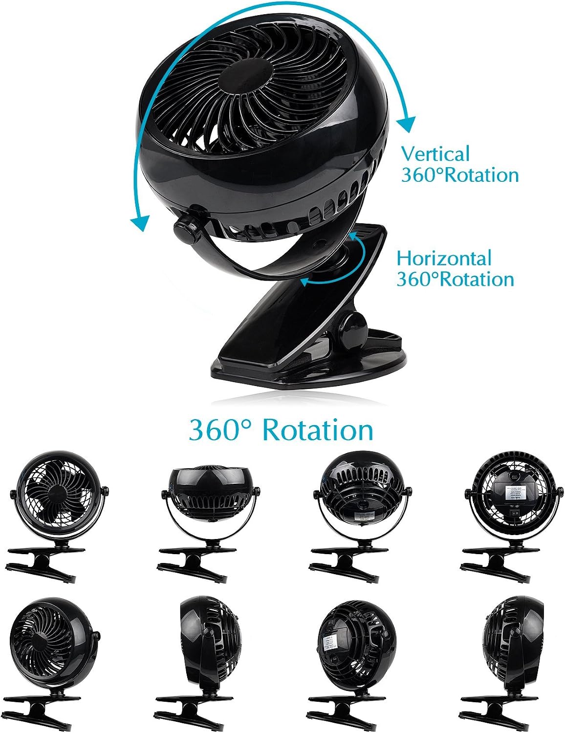 Gazeled Clip on Fan Battery Operated, 360° Rotation, with 8 Free AA Batteries, Quiet USB or Battery Operated Fan, 5'' Portable Battery Powered Clip on Fans for Camping, Stroller, Bedroom, Outdoor