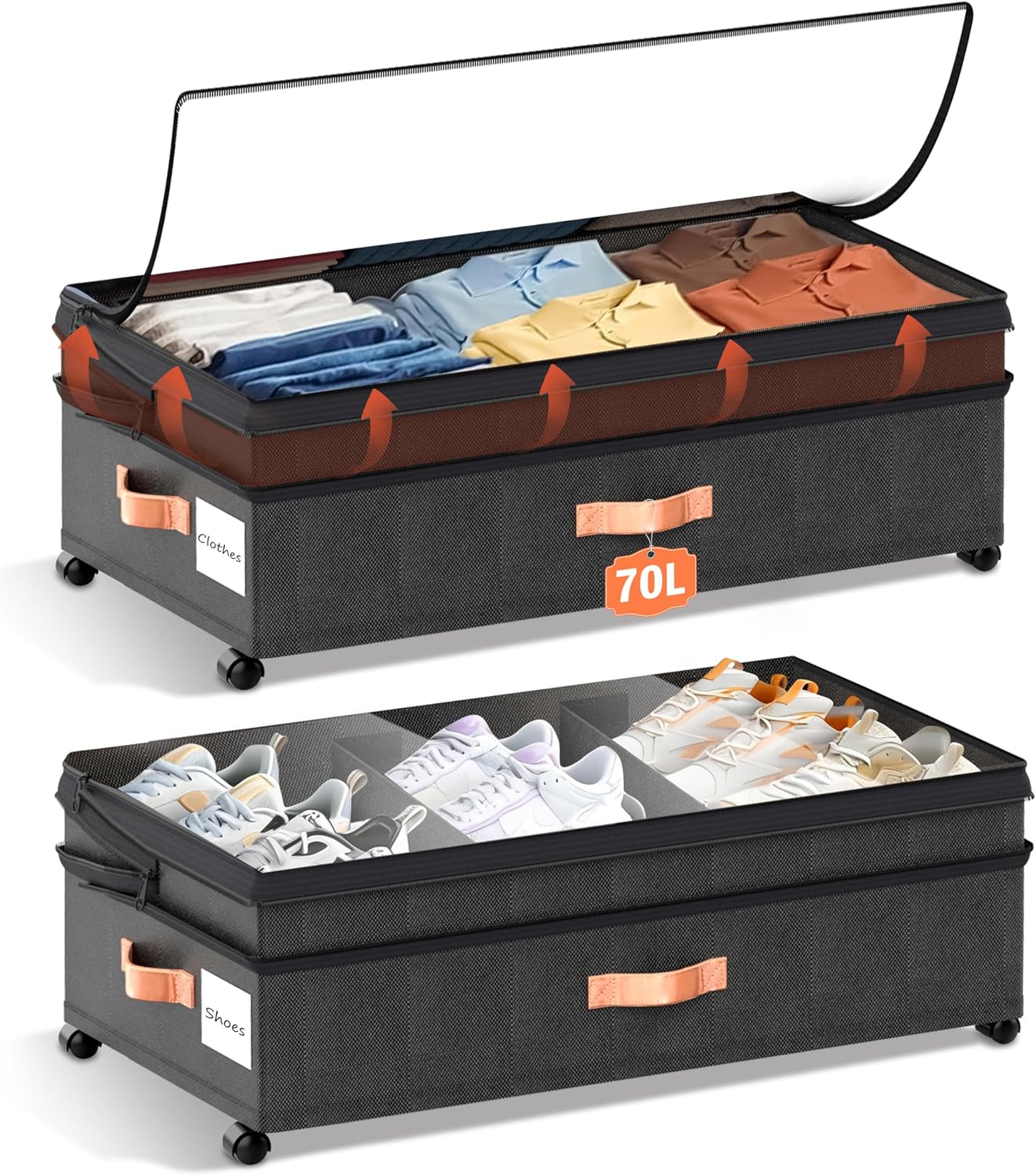 XXL Under Bed Storage with Wheels, 2 Pack 70L Extra Large Rolling Organizer, Heavy-Duty Foldable Storage Container with Lids, Fits 10" Clearance, Black