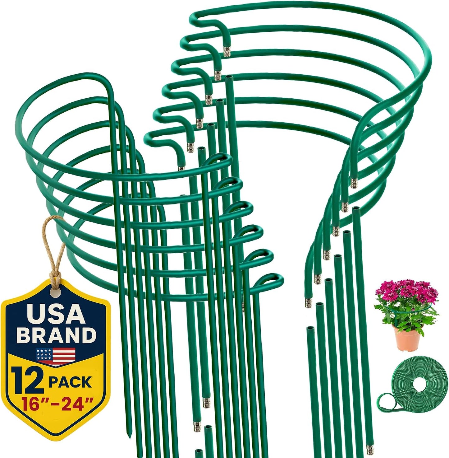6 Pack Plant Support Stakes – Tall Plant Stakes for Indoor and Outdoor Gardens - Peony Cages and Supports - Cage Rings for Potted Flowers, Peony, Hydrangea, and Rose Bush (10" W x 16" - 24" H)