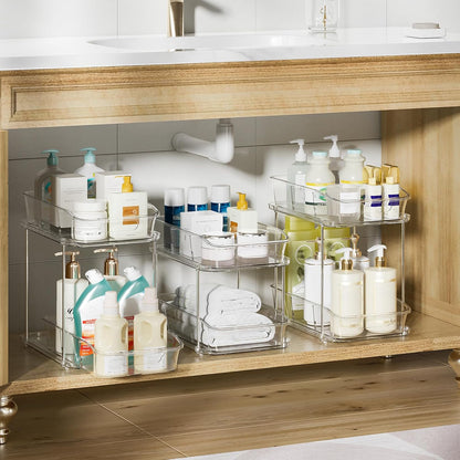 Delamu 2-Tier Under Sink Organizers and Storage, Multi-Purpose Stackable Bathroom Cabinet organizers, Pull Out Kitchen Pantry Organization and Storage with Dividers(2 Pack, Clear)