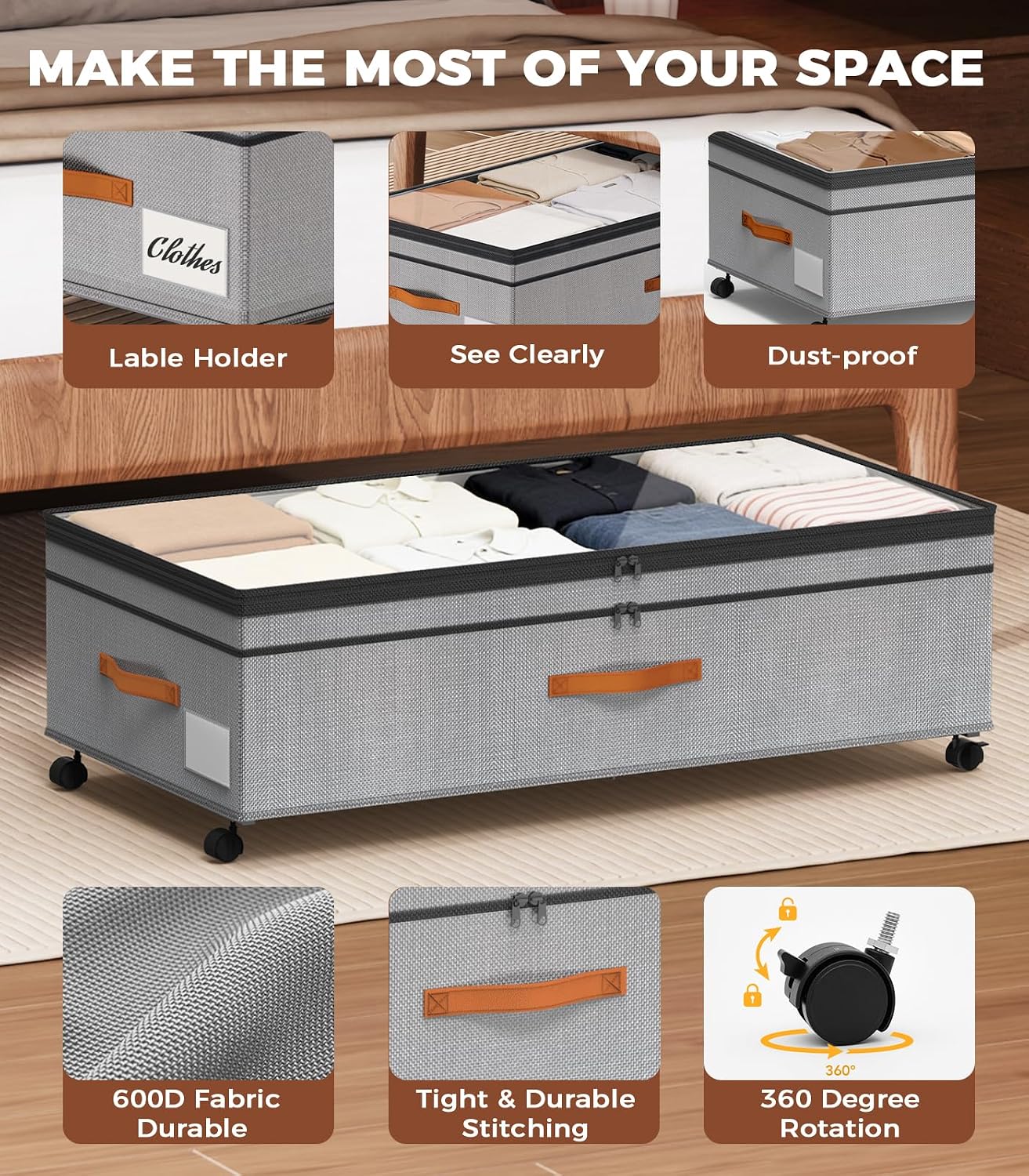 Under Bed Storage with Wheels, 35.5 inches Underbed Storage Large Capacity Under Bed Rolling Containers, 2 Pack Under the Bed Storage for Clothes, Shoes, Blankets (Deep Black)