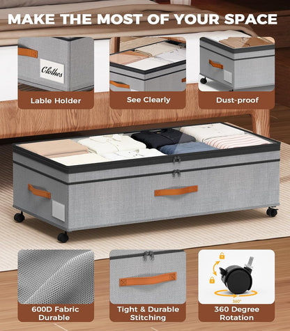 Under Bed Storage with Wheels, 35.5 inches Underbed Storage Large Capacity Under Bed Rolling Containers, 2 Pack Under the Bed Storage for Clothes, Shoes, Blankets (Deep Black)