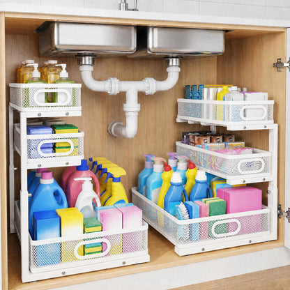 3-Tier Under Sink Organizer 2-Pack Thickened Metal Pull out Cabinet Shelf Height Adjustable Slide Out Drawer Storage Rack for Bathroom Kitchen Pantry Laundry Home Office Organization (Black)