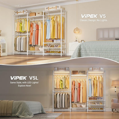 VIPEK V5 Heavy Duty Clothes Rack, Portable Closet Wardrobe with 4 Hanging Rods & 8 Shelves, Freestanding Adjustable Garment Rack for Bedroom, Walk-in Closet, 890 lbs Capacity, Black, 68.9" L