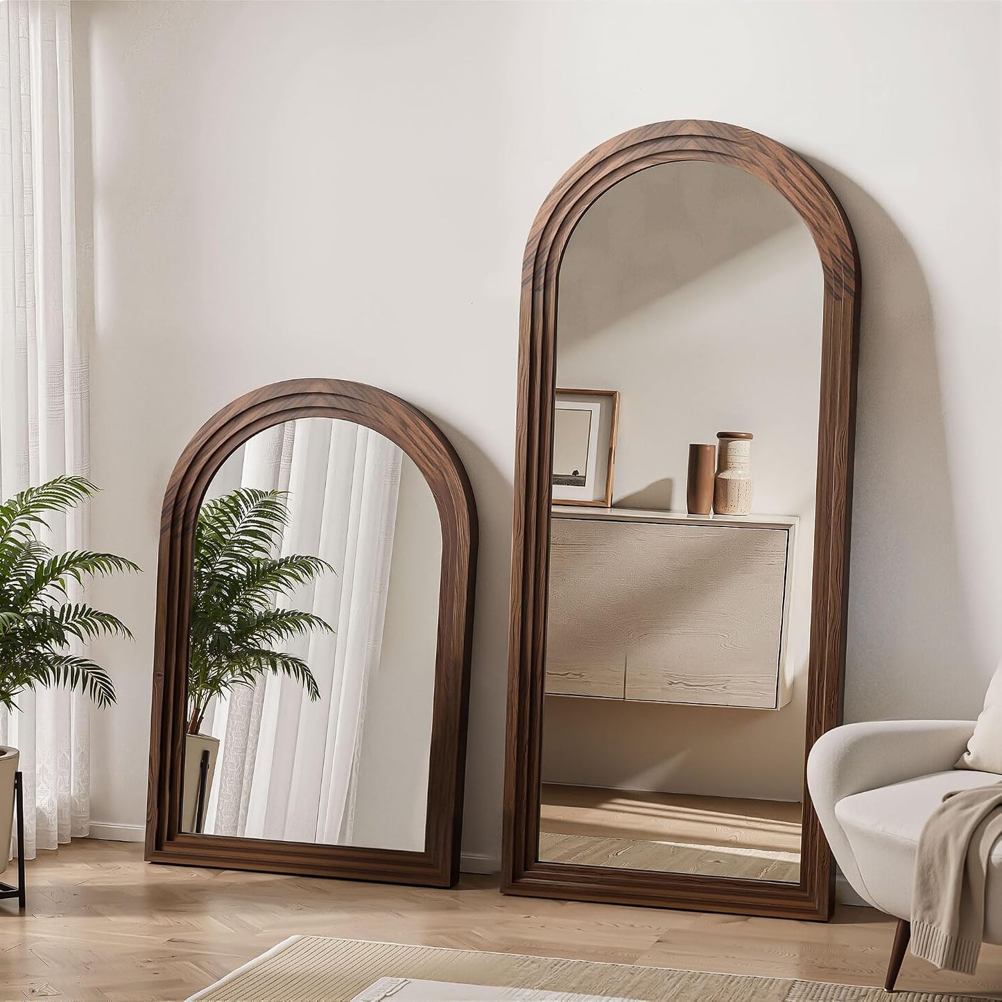 Delma Arched Full Length Floor Mirror with Stand, 75x35 Rustic Farmhouse Solid Wood Frame Wall Mirror for Bedroom, Living Room, Vertical Hanging & Standing(Brown)