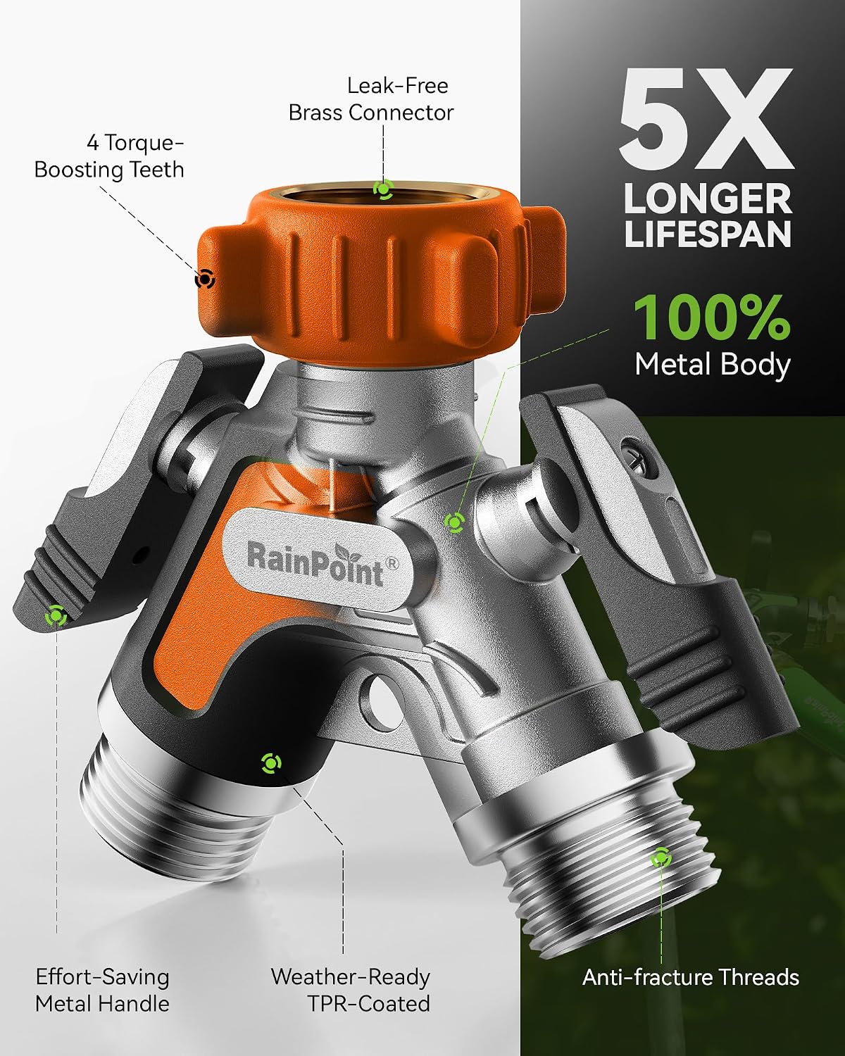 RAINPOINT Garden Hose Splitter 2 Way, All Metal Heavy Duty Water Hose Y Splitter With 2.05" Extra Long Side Handle & Shut Off Valves, 3/4 Inch GHT Thread Connector For Outdoor Spigot Faucet (Green)