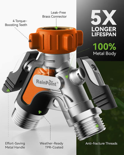 RAINPOINT Garden Hose Splitter 2 Way, All Metal Heavy Duty Water Hose Y Splitter With 2.05" Extra Long Side Handle & Shut Off Valves, 3/4 Inch GHT Thread Connector For Outdoor Spigot Faucet (Green)
