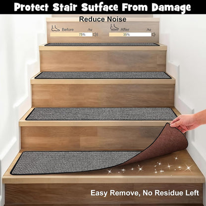 Dunzy 15 Pack Neutral Stair Treads for Wooden Step Self-adhesive Woven Stair Treads Indoor 8x30'' Non-slip Step Carpet Machine Washable Runner Safety Rug Mat for Carpet Elders Pets(Black Coffee Color)