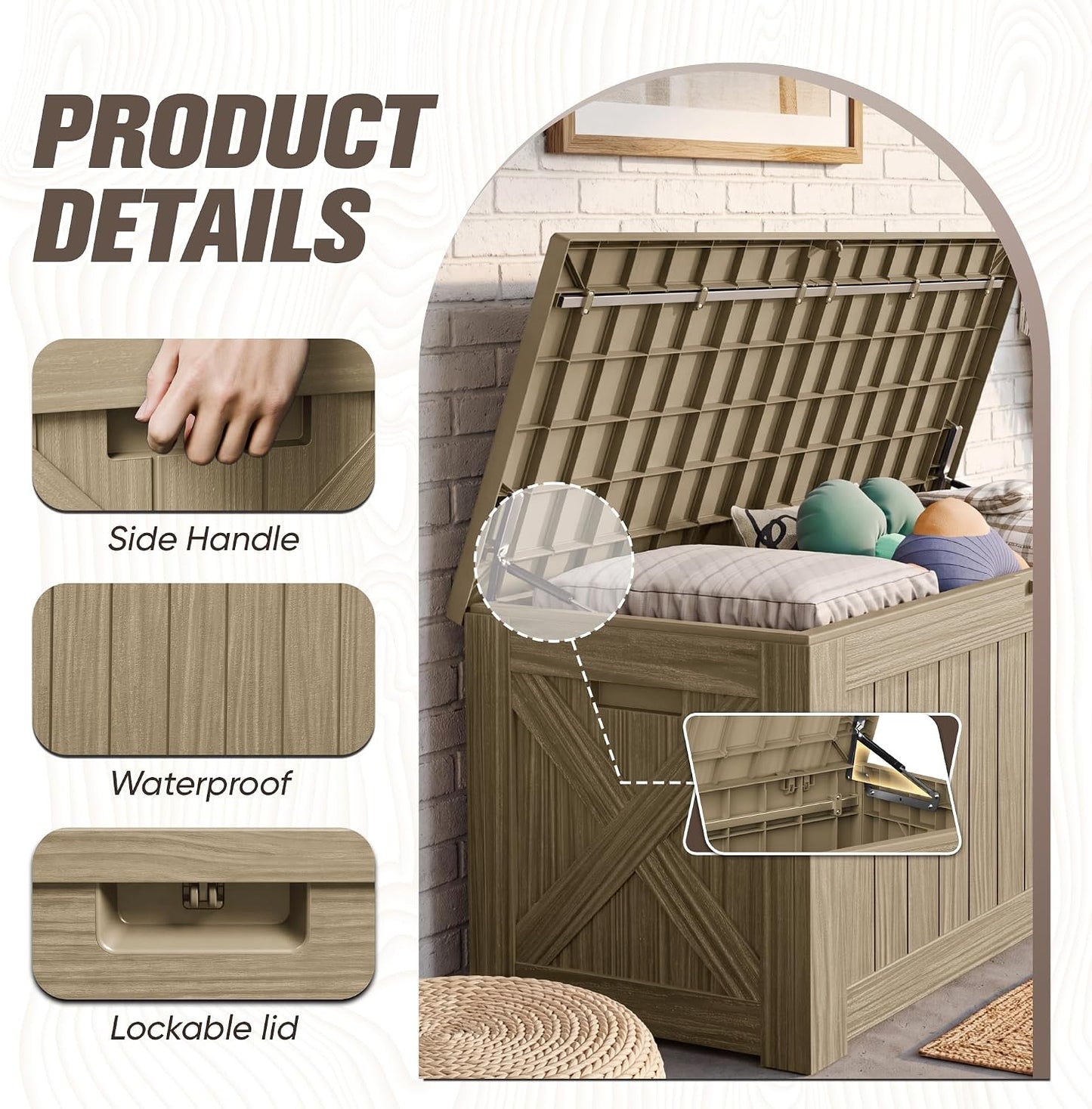 JUMMICO 31 Gallon Resin Deck Box Waterproof Indoor Outdoor Storage Boxes for Patio Furniture Cushions and Garden Tools (Brown)