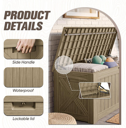 JUMMICO 31 Gallon Resin Deck Box Waterproof Indoor Outdoor Storage Boxes for Patio Furniture Cushions and Garden Tools (Brown)