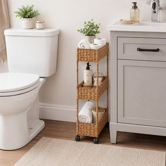 Casafield 3-Tier Rolling Storage Cart - Natural, Water Hyacinth Nursery Caddy, Utility Cart for Bathroom, Craft Room, Laundry Room Organization