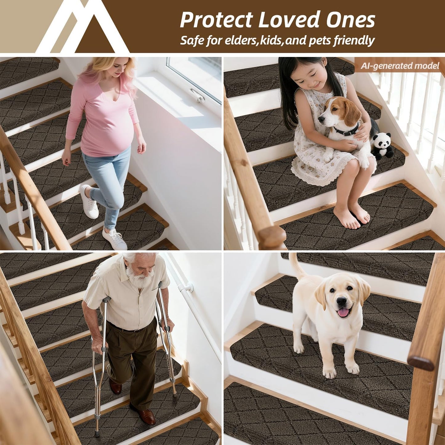 Self Adhesive Bullnose Carpet Stair Treads Non Slip,Grey,11"x30",3 Pack | Pet Friendly, Peel and Stick Stair Treads for Wooden Steps, Washable Stair Runner for Kids Elders, Edge Protection