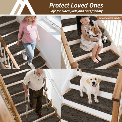 Self Adhesive Bullnose Carpet Stair Treads Non Slip,Grey,11"x30",3 Pack | Pet Friendly, Peel and Stick Stair Treads for Wooden Steps, Washable Stair Runner for Kids Elders, Edge Protection