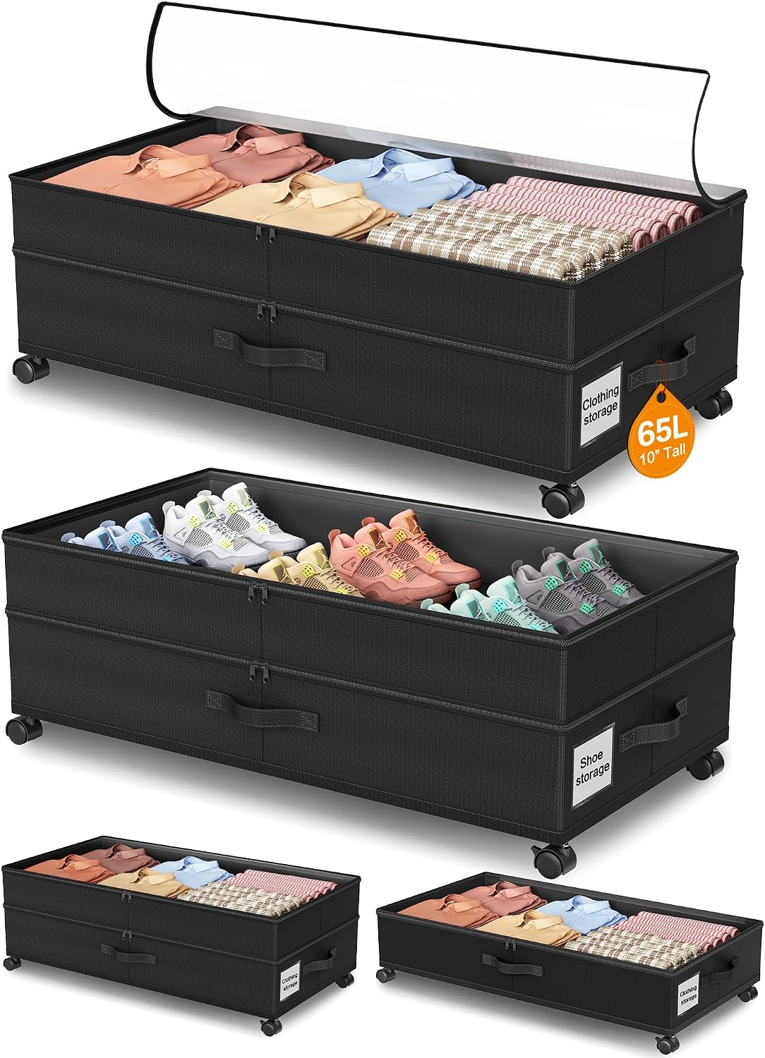 Under Bed Storage with Wheels,1Pack Underbed Shoe Storage Organizer,7.5-10.6 inchTall Adjustable Storage for Underbed with Lids,65L Extra large capacity for Clothes, Blankets,Shoes