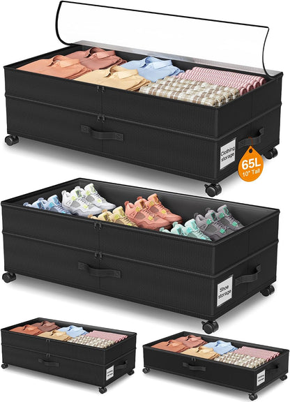 Under Bed Storage with Wheels,1Pack Underbed Shoe Storage Organizer,7.5-10.6 inchTall Adjustable Storage for Underbed with Lids,65L Extra large capacity for Clothes, Blankets,Shoes