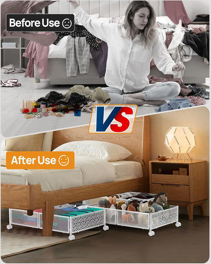 Under Bed Storage With Wheels, 2 Pack Foldable Pattern Carved Metal Under Bed Storage Containers, 60L Rolling Underbed Storage, Easy Assembly Under The Bed Storage for Shoes, Clothes, Blankets...