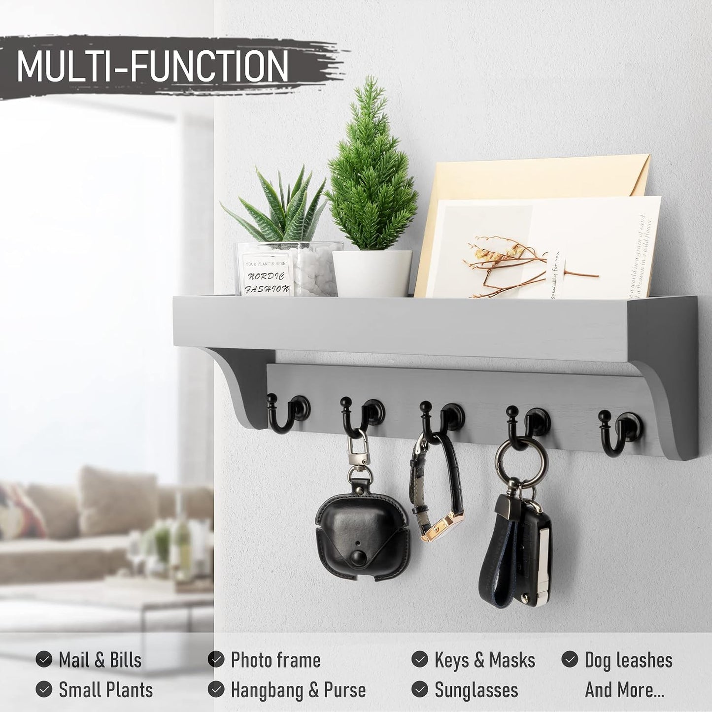Rebee Vision Farmhouse Key Holder for Wall - Decorative Wooden Mail Organizer with 5 Rustic Key Hooks and Floating Shelf for Home Decor, Hallway, Entryway, Appartment (Retro Brown)