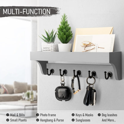 Rebee Vision Farmhouse Key Holder for Wall - Decorative Wooden Mail Organizer with 5 Rustic Key Hooks and Floating Shelf for Home Decor, Hallway, Entryway, Appartment (Retro Brown)