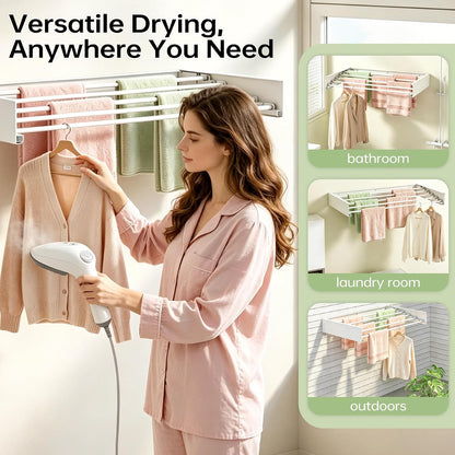 Wall Mounted Foldable Clothes Drying Rack, Collapsible Laundry Drying Clothes Rack, Space Saving Clothing & Towels Retractable Drying Rack with Wall Template Indoor & Outdoor Balcony (White,W23.6'')