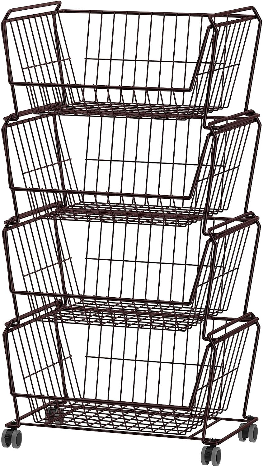 PUSDON 6-Tier Tall Stackable Wire Storage Baskets with Wheels, Vertical Metal Rolling Utility Cart, High Capacity Produce Basket for Kitchen Pantry, Snack Organizer, Matte Black