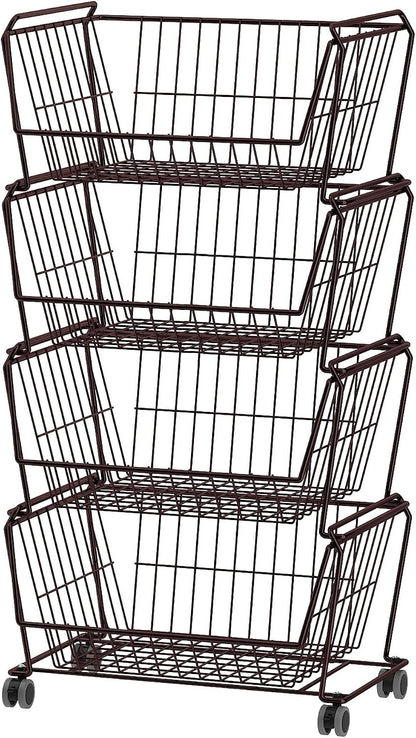 PUSDON 6-Tier Tall Stackable Wire Storage Baskets with Wheels, Vertical Metal Rolling Utility Cart, High Capacity Produce Basket for Kitchen Pantry, Snack Organizer, Matte Black