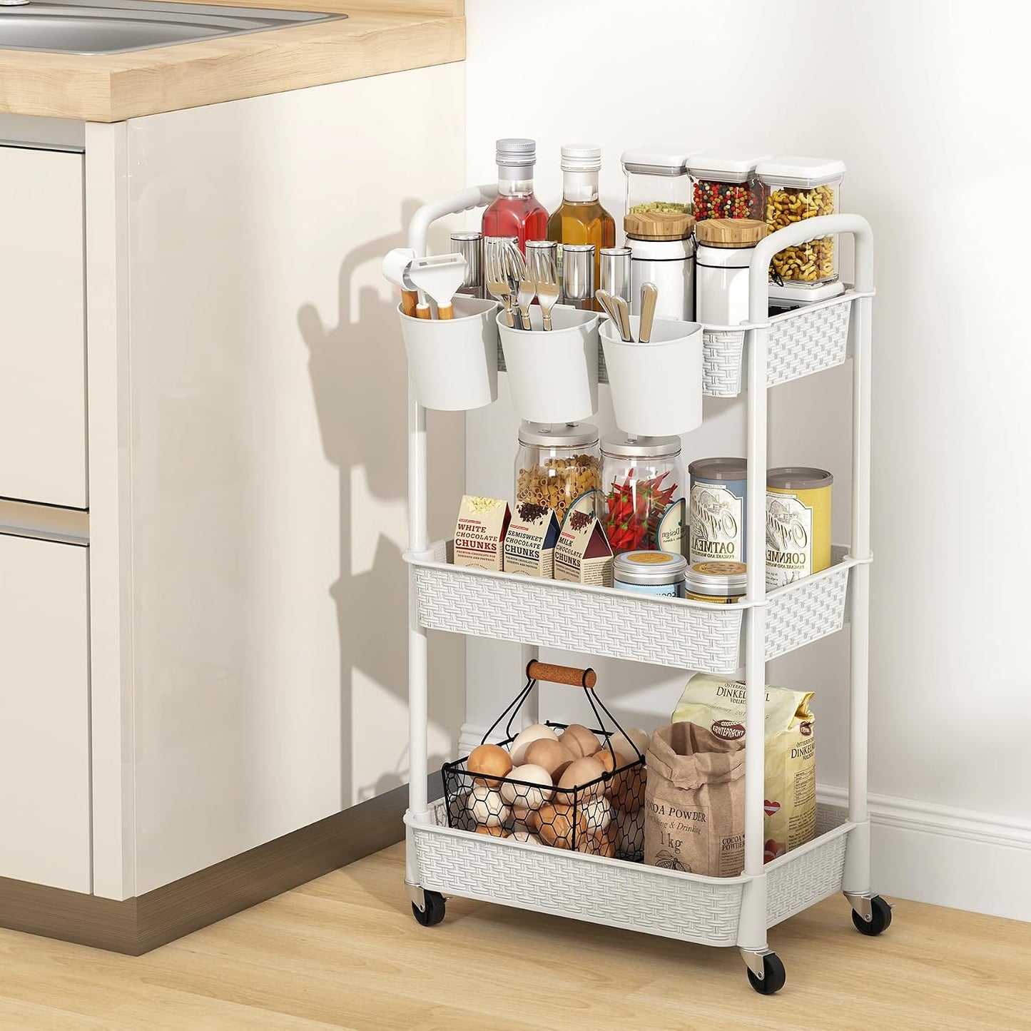 MOYIPIN 3-Tier Plastic Rolling Utility Cart with Handle,Utility Storage Cart for Office, Living Room, Kitchen,Movable Storage Organizer Shelves,White