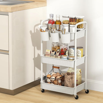 MOYIPIN 3-Tier Plastic Rolling Utility Cart with Handle,Utility Storage Cart for Office, Living Room, Kitchen,Movable Storage Organizer Shelves,White