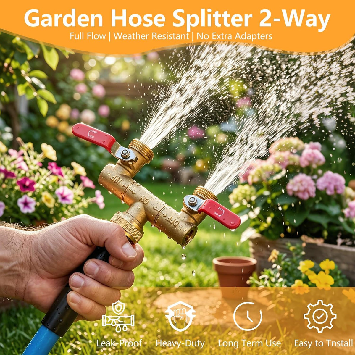 Garden Water Hose Splitter - RV Water Splitter 2 Way Heavy Duty Brass Spigot Hose Splitter - Outdoor Y Hose Bib 2 Valves with 2 Extra Rubber Washers for 3/4" Hose Connector (Blue)