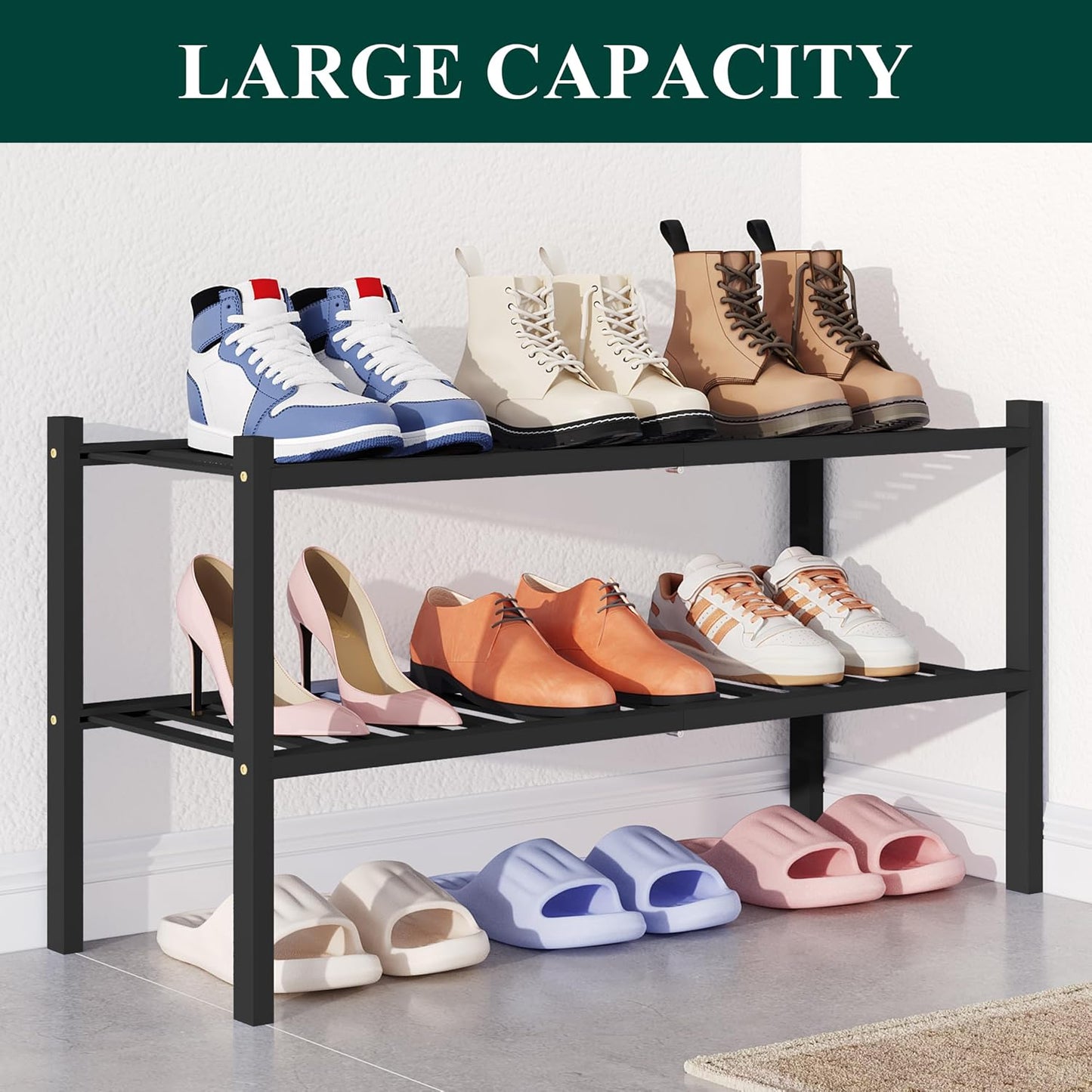 Smiry Bamboo Shoe Rack for Closet, 3 Tier Wooden Shoe Organizer, Stackable Wood Shoe Storage Shelf for Entryway, 14 Vertical Slats, One-piece Heavy-Duty Legs, 26.77"x11.02"x18.31", Natural