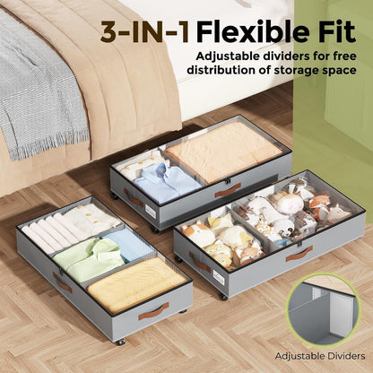 LAMU Under Bed Storage with Wheels, 2 Pack Under Bed Storage Containers with Clear Lids & Label, Rolling Under Bed Drawers for Clothes, Shoes, Blankets, Black