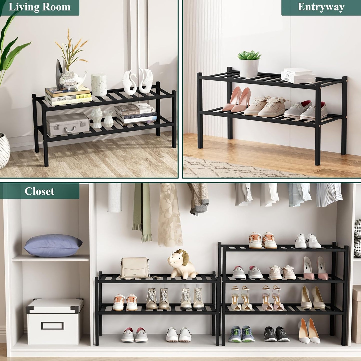 Smiry Bamboo Shoe Rack, 3 Tier Free Standing Wooden Shoe Organizer, Stackable Wood Shoe Storage Shelf for Closet, Entryway, 12 Vertical Slats, 2+1 Stack Standard Legs, 26.8"x11"x19.5", Natural