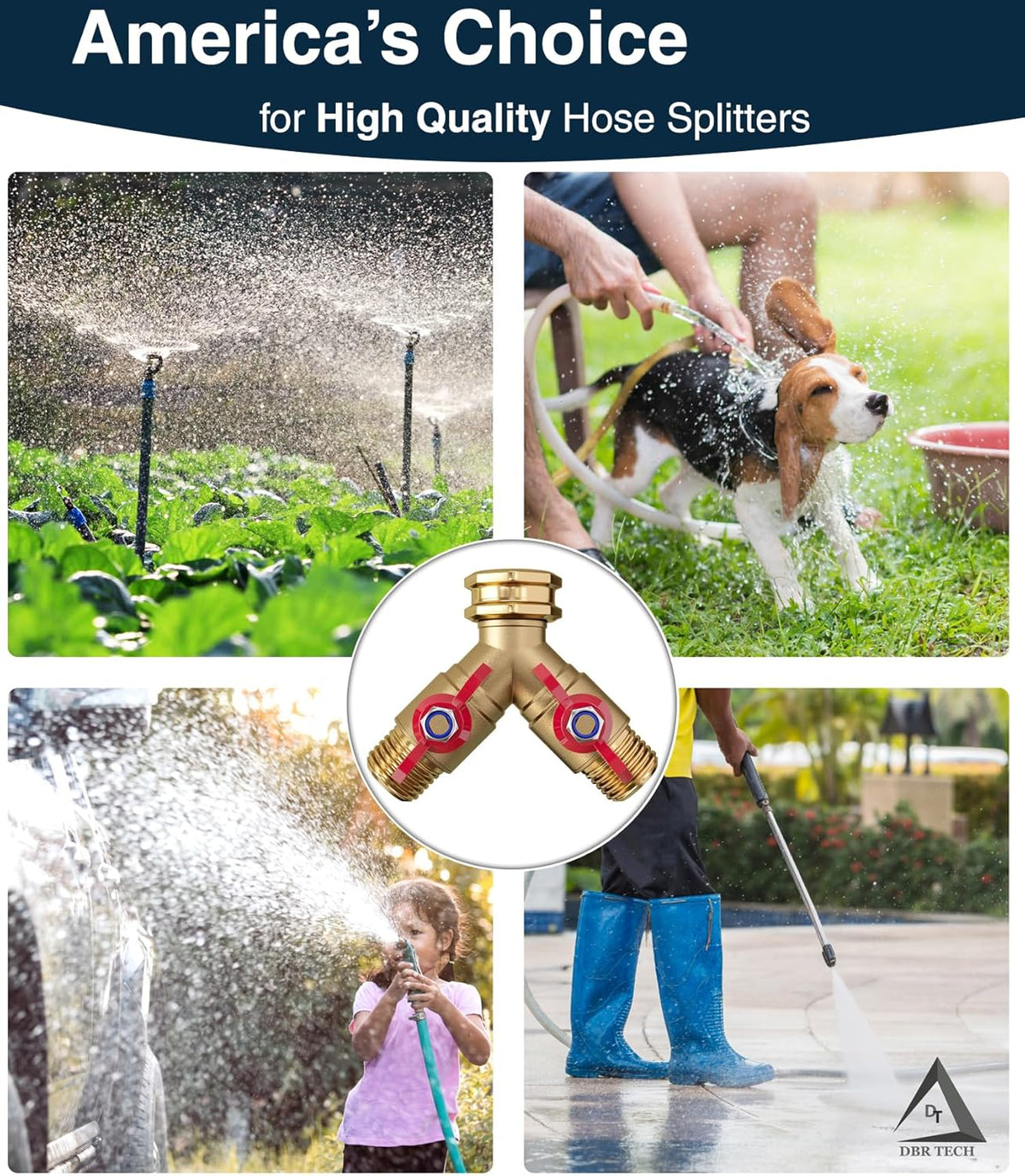 DBR Tech® Garden Hose Splitter 2 Way | Full Flow & Heavy Duty Leak-Proof Brass Water Divider with Dual Shut-Off Valves, Y (Wye) Connector for Outdoor Faucets, Spigots, Lawn & RV | Industrial-Grade