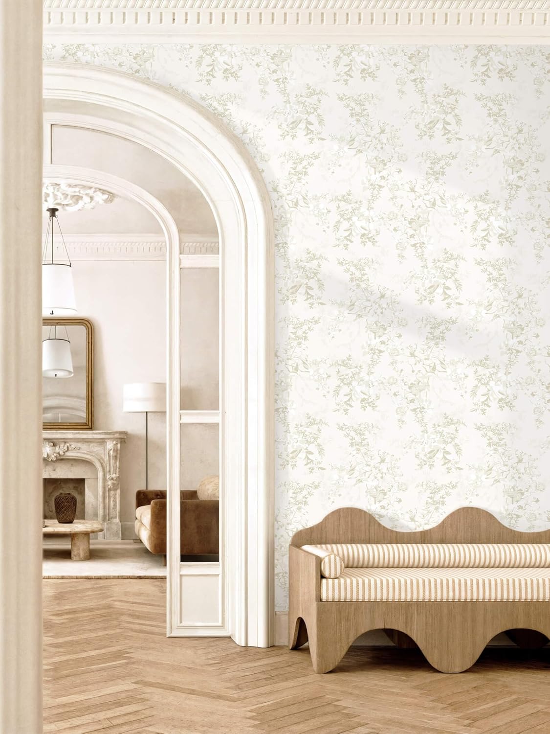 Dimoon 17.3''x78.7'' Vintage Peel and Stick Wallpaper Boho Beige Neutral Contact Paper White Floral Bird Wallpaper Removable Botanical Renter Friendly Modern Wall Paper Bedroom Bathroom Vinyl Roll